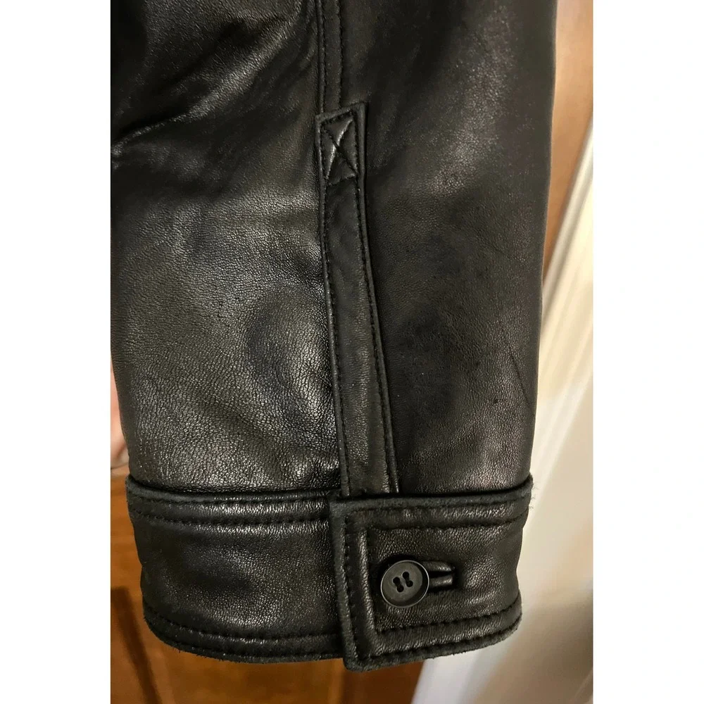 Calvin Klein Mens Black Leather Full‎ Zip Jacket Size Large Point Collar